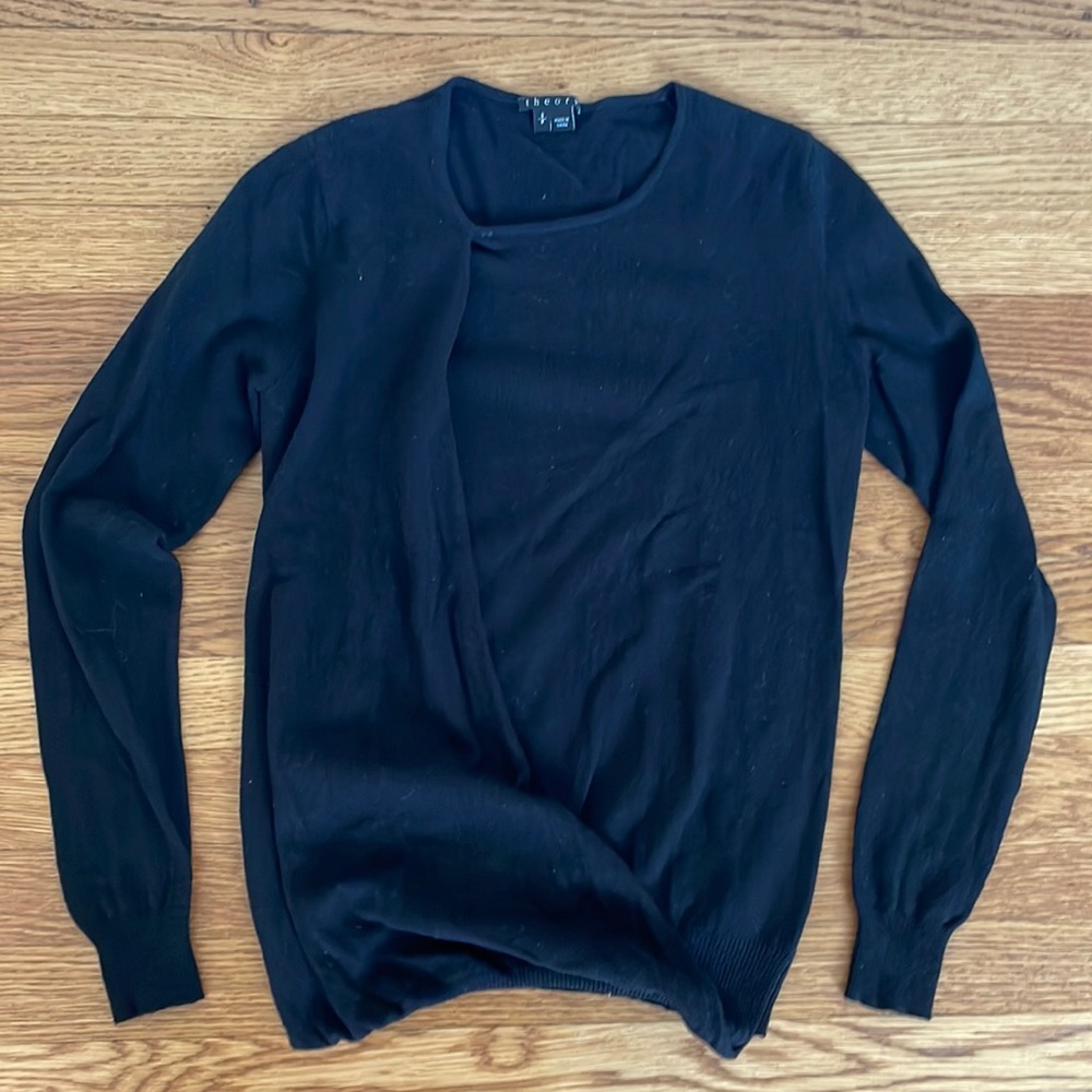 Theory black cashmere sweater with front draping effect